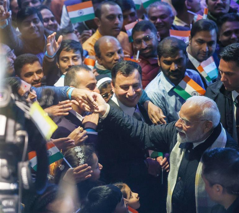 PM receives warm welcome by the Indian community at Windhoek, in Namibia on July 09, 2025.