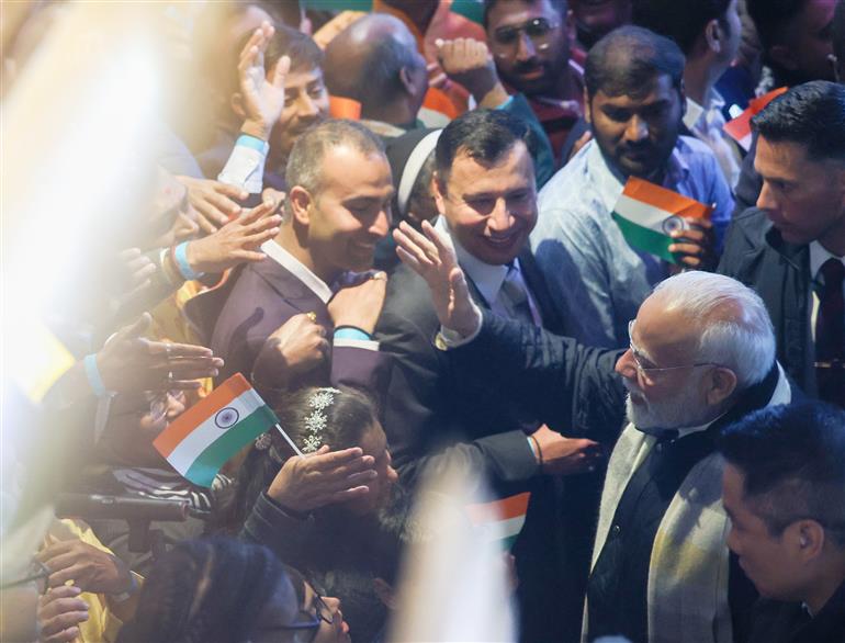 PM receives warm welcome by the Indian community at Windhoek, in Namibia on July 09, 2025.