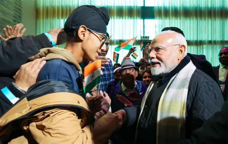 PM receives warm welcome by the Indian community at Windhoek, in Namibia on July 09, 2025.