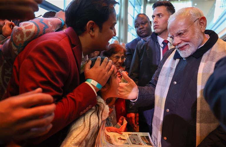 PM receives warm welcome by the Indian community at Windhoek, in Namibia on July 09, 2025.