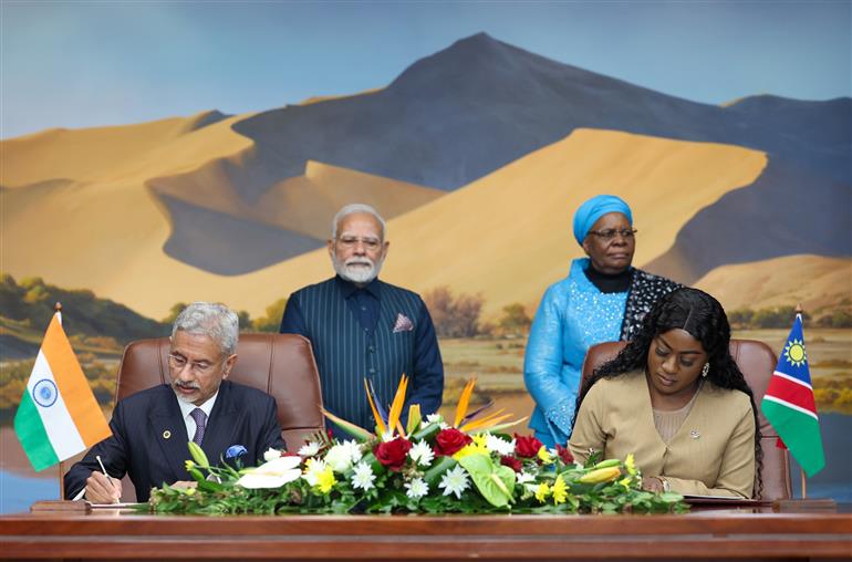 PM and the President of Namibia, Dr. Netumbo Nandi-Ndaitwah witnessing the Signing and Exchange of MoUs between India and Namibia at Windhoek, in Namibia on July 09, 2025.:Prime Minister's Office PM and the President of Namibia, Dr. Netumbo Nandi-Ndaitwah witnessing the Signing and Exchange of MoUs between India and Namibia at Windhoek, in Namibia on July 09, 2025.:Prime Minister