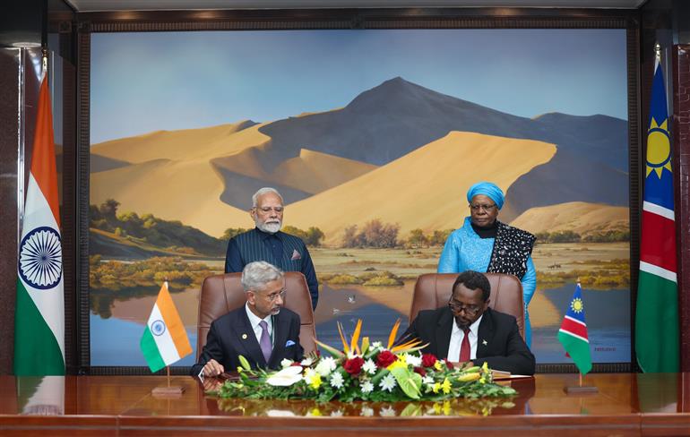 PM and the President of Namibia, Dr. Netumbo Nandi-Ndaitwah witnessing the Signing and Exchange of MoUs between India and Namibia at Windhoek, in Namibia on July 09, 2025.:Prime Minister's Office PM and the President of Namibia, Dr. Netumbo Nandi-Ndaitwah witnessing the Signing and Exchange of MoUs between India and Namibia at Windhoek, in Namibia on July 09, 2025.:Prime Minister