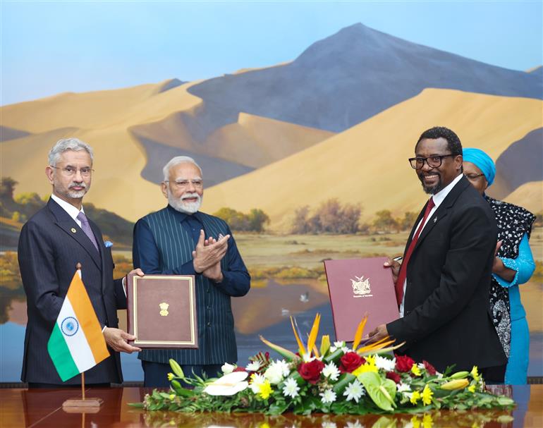 PM and the President of Namibia, Dr. Netumbo Nandi-Ndaitwah witnessing the Signing and Exchange of MoUs between India and Namibia at Windhoek, in Namibia on July 09, 2025.:Prime Minister's Office PM and the President of Namibia, Dr. Netumbo Nandi-Ndaitwah witnessing the Signing and Exchange of MoUs between India and Namibia at Windhoek, in Namibia on July 09, 2025.:Prime Minister