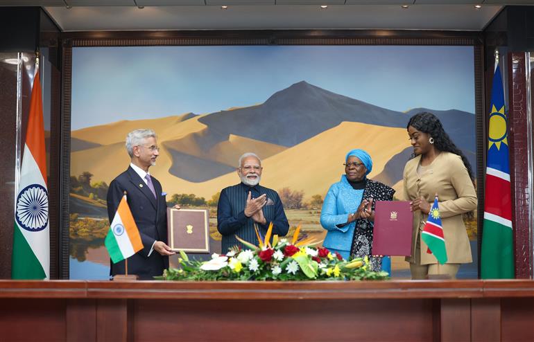 PM and the President of Namibia, Dr. Netumbo Nandi-Ndaitwah witnessing the Signing and Exchange of MoUs between India and Namibia at Windhoek, in Namibia on July 09, 2025.:Prime Minister's Office PM and the President of Namibia, Dr. Netumbo Nandi-Ndaitwah witnessing the Signing and Exchange of MoUs between India and Namibia at Windhoek, in Namibia on July 09, 2025.:Prime Minister