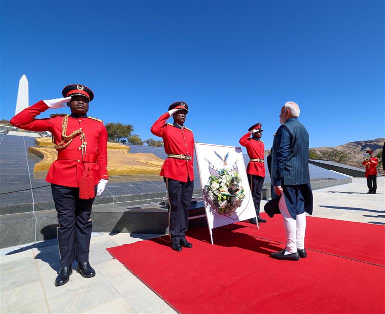 PM laying wreath at the national war memorial ‘Heroes’ Acre’ in Windhoek, Namibia on July 09, 2025.:Prime Minister's Office PM laying wreath at the national war memorial ‘Heroes’ Acre’ in Windhoek, Namibia on July 09, 2025.:Prime Minister