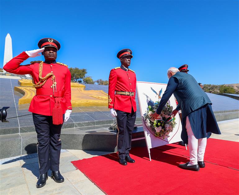 PM laying wreath at the national war memorial ‘Heroes’ Acre’ in Windhoek, Namibia on July 09, 2025.:Prime Minister's Office PM laying wreath at the national war memorial ‘Heroes’ Acre’ in Windhoek, Namibia on July 09, 2025.:Prime Minister