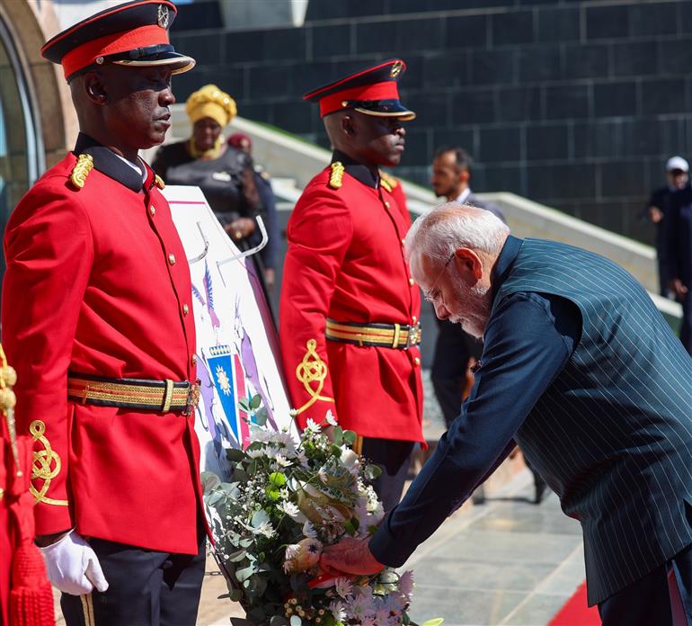 PM laying wreath at the national war memorial ‘Heroes’ Acre’ in Windhoek, Namibia on July 09, 2025.:Prime Minister's Office PM laying wreath at the national war memorial ‘Heroes’ Acre’ in Windhoek, Namibia on July 09, 2025.:Prime Minister