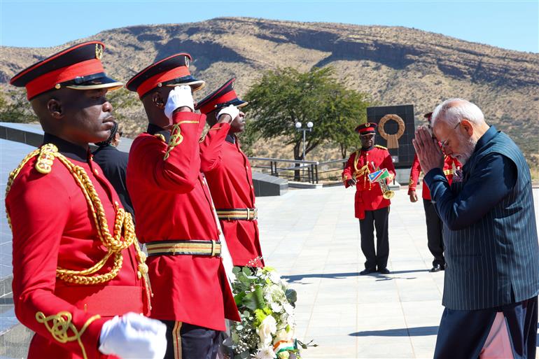 PM laying wreath at the national war memorial ‘Heroes’ Acre’ in Windhoek, Namibia on July 09, 2025.:Prime Minister's Office PM laying wreath at the national war memorial ‘Heroes’ Acre’ in Windhoek, Namibia on July 09, 2025.:Prime Minister