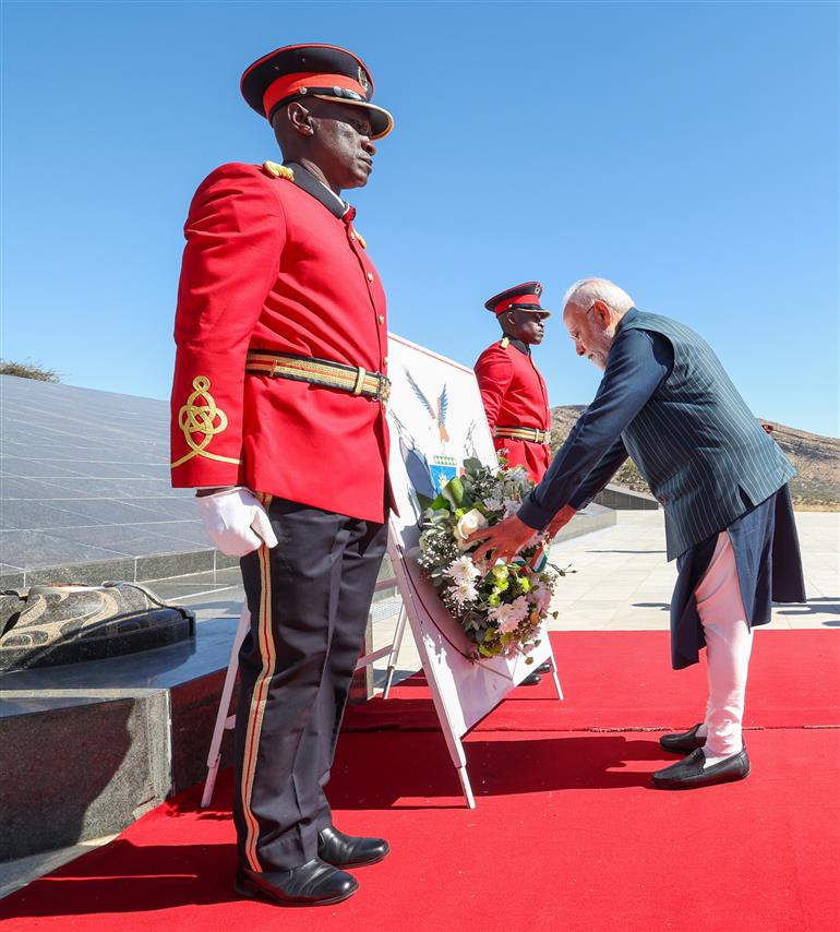 PM laying wreath at the national war memorial ‘Heroes’ Acre’ in Windhoek, Namibia on July 09, 2025.:Prime Minister's Office PM laying wreath at the national war memorial ‘Heroes’ Acre’ in Windhoek, Namibia on July 09, 2025.:Prime Minister