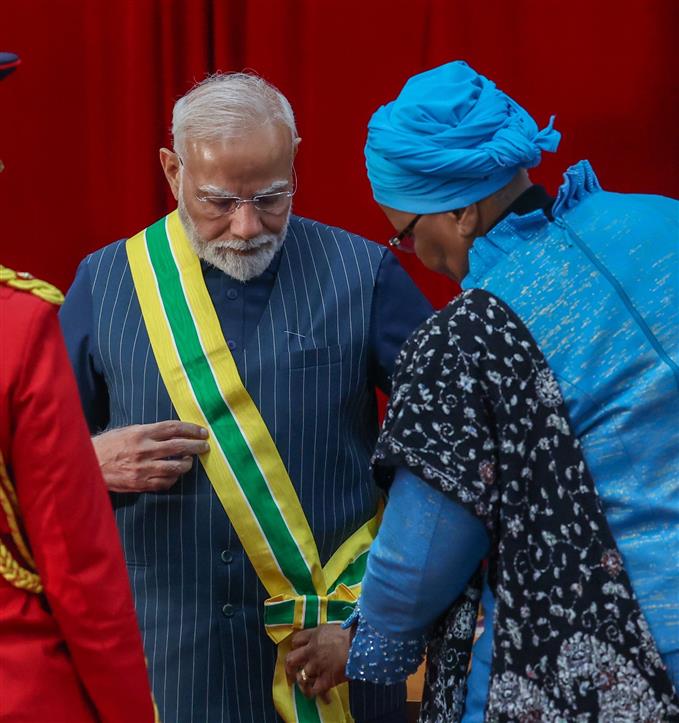 PM receiving the Namibia’s highest honour – ‘Order of the Most Ancient Welwitschia Mirabilis’ by the President of Namibia, Dr. Netumbo Nandi-Ndaitwah at Windhoek, in Namibia on July 09, 2025.:Prime Minister's Office PM receiving the Namibia’s highest honour – ‘Order of the Most Ancient Welwitschia Mirabilis’ by the President of Namibia, Dr. Netumbo Nandi-Ndaitwah at Windhoek, in Namibia on July 09, 2025.:Prime Minister