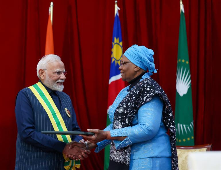 PM receiving the Namibia’s highest honour – ‘Order of the Most Ancient Welwitschia Mirabilis’ by the President of Namibia, Dr. Netumbo Nandi-Ndaitwah at Windhoek, in Namibia on July 09, 2025.:Prime Minister's Office PM receiving the Namibia’s highest honour – ‘Order of the Most Ancient Welwitschia Mirabilis’ by the President of Namibia, Dr. Netumbo Nandi-Ndaitwah at Windhoek, in Namibia on July 09, 2025.:Prime Minister