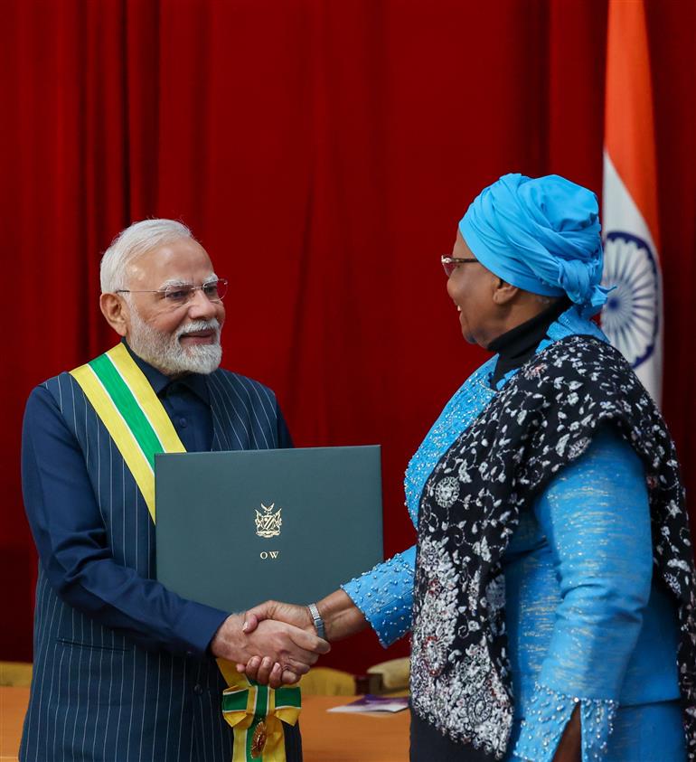 PM receiving the Namibia’s highest honour – ‘Order of the Most Ancient Welwitschia Mirabilis’ by the President of Namibia, Dr. Netumbo Nandi-Ndaitwah at Windhoek, in Namibia on July 09, 2025.:Prime Minister's Office PM receiving the Namibia’s highest honour – ‘Order of the Most Ancient Welwitschia Mirabilis’ by the President of Namibia, Dr. Netumbo Nandi-Ndaitwah at Windhoek, in Namibia on July 09, 2025.:Prime Minister