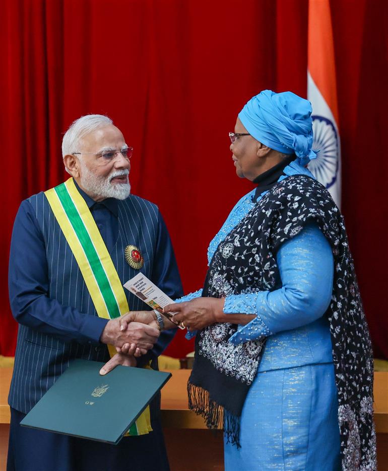 PM receiving the Namibia’s highest honour – ‘Order of the Most Ancient Welwitschia Mirabilis’ by the President of Namibia, Dr. Netumbo Nandi-Ndaitwah at Windhoek, in Namibia on July 09, 2025.:Prime Minister's Office PM receiving the Namibia’s highest honour – ‘Order of the Most Ancient Welwitschia Mirabilis’ by the President of Namibia, Dr. Netumbo Nandi-Ndaitwah at Windhoek, in Namibia on July 09, 2025.:Prime Minister
