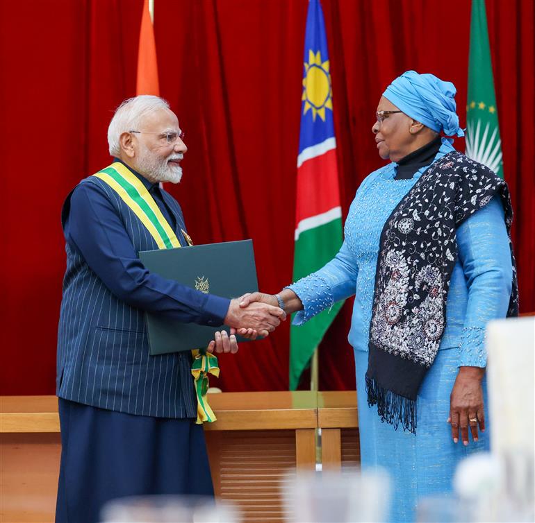 PM receiving the Namibia’s highest honour – ‘Order of the Most Ancient Welwitschia Mirabilis’ by the President of Namibia, Dr. Netumbo Nandi-Ndaitwah at Windhoek, in Namibia on July 09, 2025.:Prime Minister's Office PM receiving the Namibia’s highest honour – ‘Order of the Most Ancient Welwitschia Mirabilis’ by the President of Namibia, Dr. Netumbo Nandi-Ndaitwah at Windhoek, in Namibia on July 09, 2025.:Prime Minister