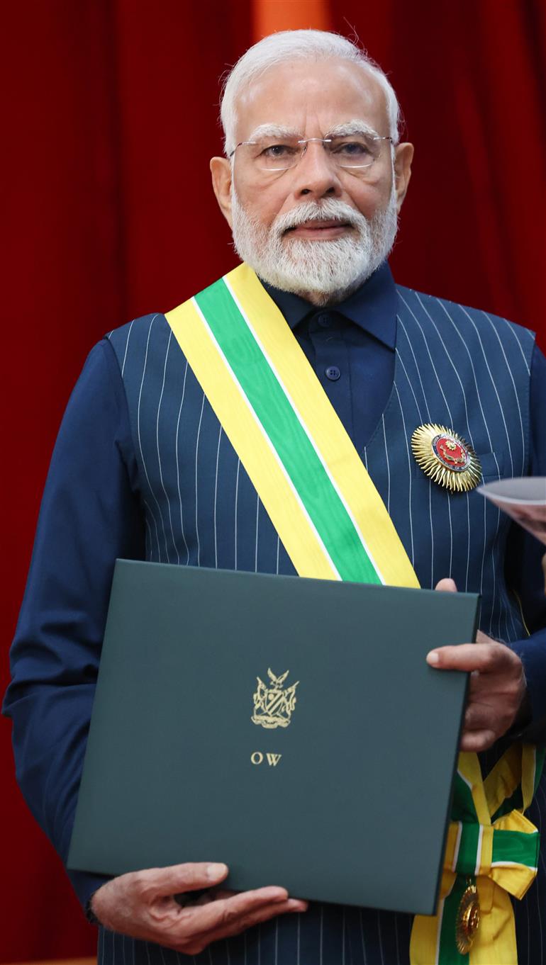 PM receiving the Namibia’s highest honour – ‘Order of the Most Ancient Welwitschia Mirabilis’ by the President of Namibia, Dr. Netumbo Nandi-Ndaitwah at Windhoek, in Namibia on July 09, 2025.:Prime Minister's Office PM receiving the Namibia’s highest honour – ‘Order of the Most Ancient Welwitschia Mirabilis’ by the President of Namibia, Dr. Netumbo Nandi-Ndaitwah at Windhoek, in Namibia on July 09, 2025.:Prime Minister