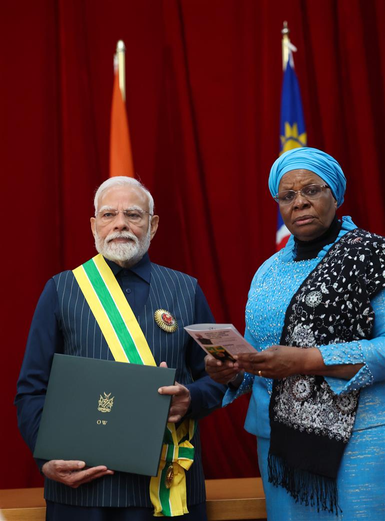 PM receiving the Namibia’s highest honour – ‘Order of the Most Ancient Welwitschia Mirabilis’ by the President of Namibia, Dr. Netumbo Nandi-Ndaitwah at Windhoek, in Namibia on July 09, 2025.:Prime Minister's Office PM receiving the Namibia’s highest honour – ‘Order of the Most Ancient Welwitschia Mirabilis’ by the President of Namibia, Dr. Netumbo Nandi-Ndaitwah at Windhoek, in Namibia on July 09, 2025.:Prime Minister