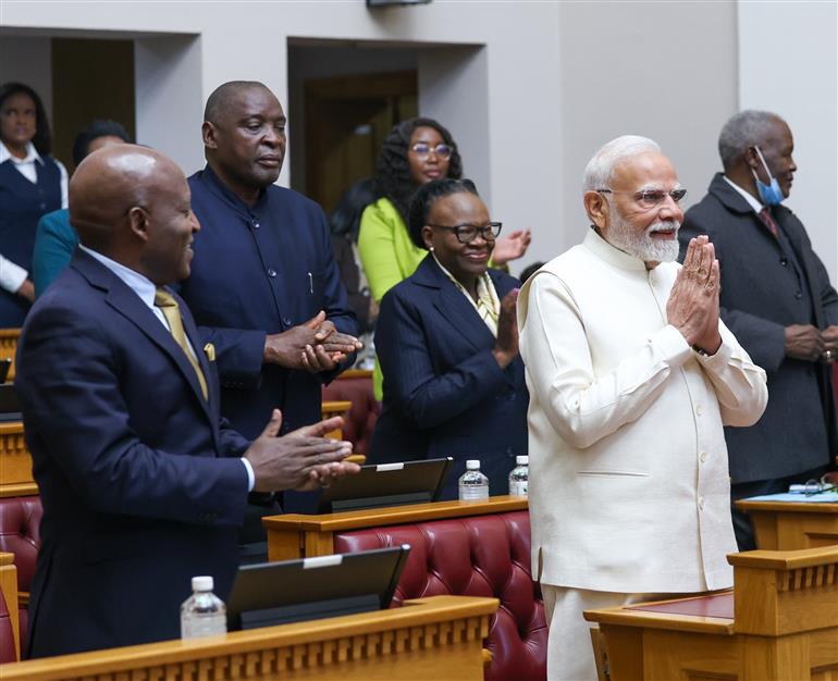 PM receives a rousing welcome along with standing ovation upon his arrival at the Joint Session of the Parliament of the Republic of Namibia at Windhoek, in Namibia on July 09, 2025.:Prime Minister's Office PM receives a rousing welcome along with standing ovation upon his arrival at the Joint Session of the Parliament of the Republic of Namibia at Windhoek, in Namibia on July 09, 2025.:Prime Minister