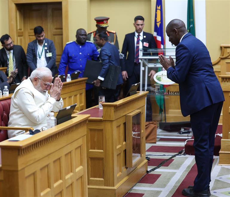 PM receives a rousing welcome along with standing ovation upon his arrival at the Joint Session of the Parliament of the Republic of Namibia at Windhoek, in Namibia on July 09, 2025.:Prime Minister's Office PM receives a rousing welcome along with standing ovation upon his arrival at the Joint Session of the Parliament of the Republic of Namibia at Windhoek, in Namibia on July 09, 2025.:Prime Minister
