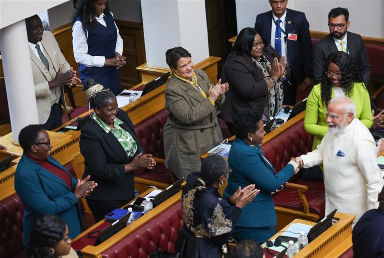 PM receives a rousing welcome along with standing ovation upon his arrival at the Joint Session of the Parliament of the Republic of Namibia at Windhoek, in Namibia on July 09, 2025.:Prime Minister's Office PM receives a rousing welcome along with standing ovation upon his arrival at the Joint Session of the Parliament of the Republic of Namibia at Windhoek, in Namibia on July 09, 2025.:Prime Minister