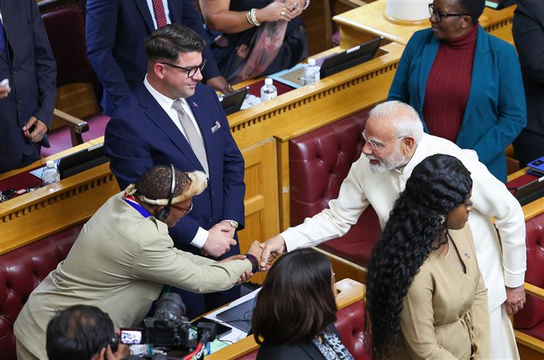 PM receives a rousing welcome along with standing ovation upon his arrival at the Joint Session of the Parliament of the Republic of Namibia at Windhoek, in Namibia on July 09, 2025.:Prime Minister's Office PM receives a rousing welcome along with standing ovation upon his arrival at the Joint Session of the Parliament of the Republic of Namibia at Windhoek, in Namibia on July 09, 2025.:Prime Minister