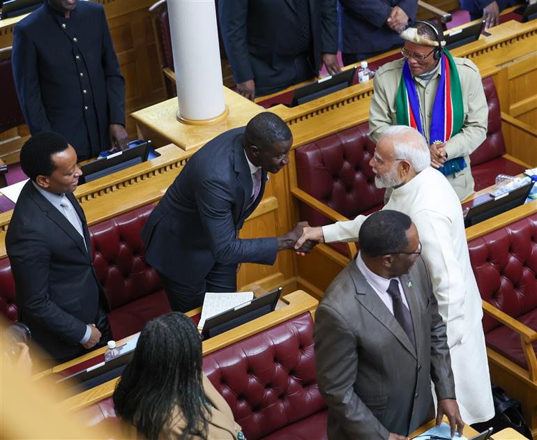 PM receives a rousing welcome along with standing ovation upon his arrival at the Joint Session of the Parliament of the Republic of Namibia at Windhoek, in Namibia on July 09, 2025.:Prime Minister's Office PM receives a rousing welcome along with standing ovation upon his arrival at the Joint Session of the Parliament of the Republic of Namibia at Windhoek, in Namibia on July 09, 2025.:Prime Minister