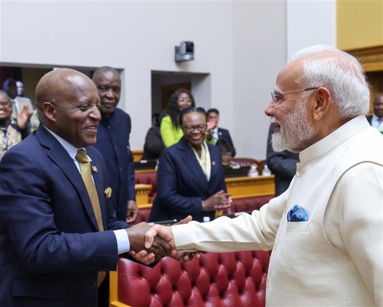 PM receives a rousing welcome along with standing ovation upon his arrival at the Joint Session of the Parliament of the Republic of Namibia at Windhoek, in Namibia on July 09, 2025.:Prime Minister's Office PM receives a rousing welcome along with standing ovation upon his arrival at the Joint Session of the Parliament of the Republic of Namibia at Windhoek, in Namibia on July 09, 2025.:Prime Minister