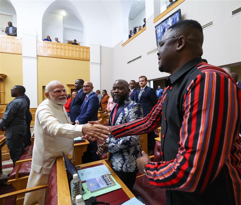 PM receives a rousing welcome along with standing ovation upon his arrival at the Joint Session of the Parliament of the Republic of Namibia at Windhoek, in Namibia on July 09, 2025.:Prime Minister's Office PM receives a rousing welcome along with standing ovation upon his arrival at the Joint Session of the Parliament of the Republic of Namibia at Windhoek, in Namibia on July 09, 2025.:Prime Minister