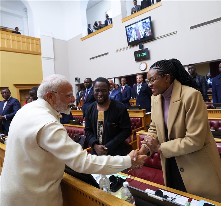 PM receives a rousing welcome along with standing ovation upon his arrival at the Joint Session of the Parliament of the Republic of Namibia at Windhoek, in Namibia on July 09, 2025.:Prime Minister's Office PM receives a rousing welcome along with standing ovation upon his arrival at the Joint Session of the Parliament of the Republic of Namibia at Windhoek, in Namibia on July 09, 2025.:Prime Minister