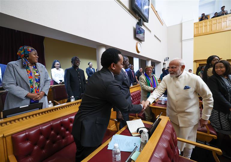 PM receives a rousing welcome along with standing ovation upon his arrival at the Joint Session of the Parliament of the Republic of Namibia at Windhoek, in Namibia on July 09, 2025.:Prime Minister's Office PM receives a rousing welcome along with standing ovation upon his arrival at the Joint Session of the Parliament of the Republic of Namibia at Windhoek, in Namibia on July 09, 2025.:Prime Minister