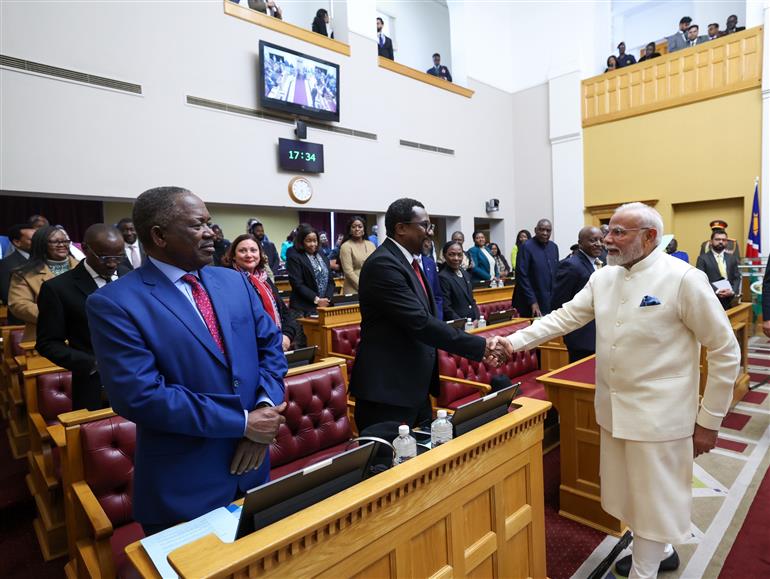 PM receives a rousing welcome along with standing ovation upon his arrival at the Joint Session of the Parliament of the Republic of Namibia at Windhoek, in Namibia on July 09, 2025.:Prime Minister's Office PM receives a rousing welcome along with standing ovation upon his arrival at the Joint Session of the Parliament of the Republic of Namibia at Windhoek, in Namibia on July 09, 2025.:Prime Minister