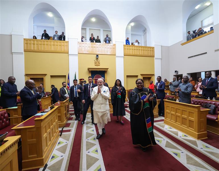 PM receives a rousing welcome along with standing ovation upon his arrival at the Joint Session of the Parliament of the Republic of Namibia at Windhoek, in Namibia on July 09, 2025.:Prime Minister's Office PM receives a rousing welcome along with standing ovation upon his arrival at the Joint Session of the Parliament of the Republic of Namibia at Windhoek, in Namibia on July 09, 2025.:Prime Minister