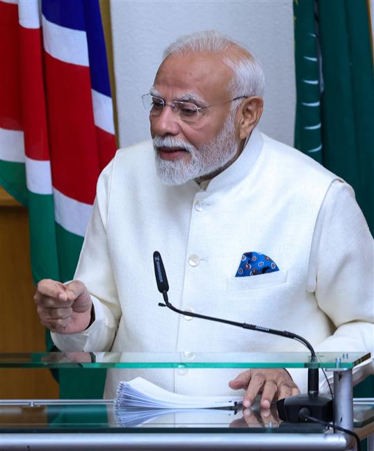 PM addressing the Joint Session of the Parliament of the Republic of Namibia at Windhoek, in Namibia on July 09, 2025.:Prime Minister's Office PM addressing the Joint Session of the Parliament of the Republic of Namibia at Windhoek, in Namibia on July 09, 2025.:Prime Minister