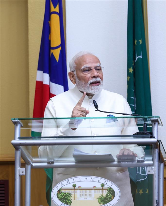 PM addressing the Joint Session of the Parliament of the Republic of Namibia at Windhoek, in Namibia on July 09, 2025.:Prime Minister's Office PM addressing the Joint Session of the Parliament of the Republic of Namibia at Windhoek, in Namibia on July 09, 2025.:Prime Minister