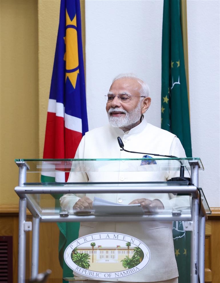 PM addressing the Joint Session of the Parliament of the Republic of Namibia at Windhoek, in Namibia on July 09, 2025.:Prime Minister's Office PM addressing the Joint Session of the Parliament of the Republic of Namibia at Windhoek, in Namibia on July 09, 2025.:Prime Minister