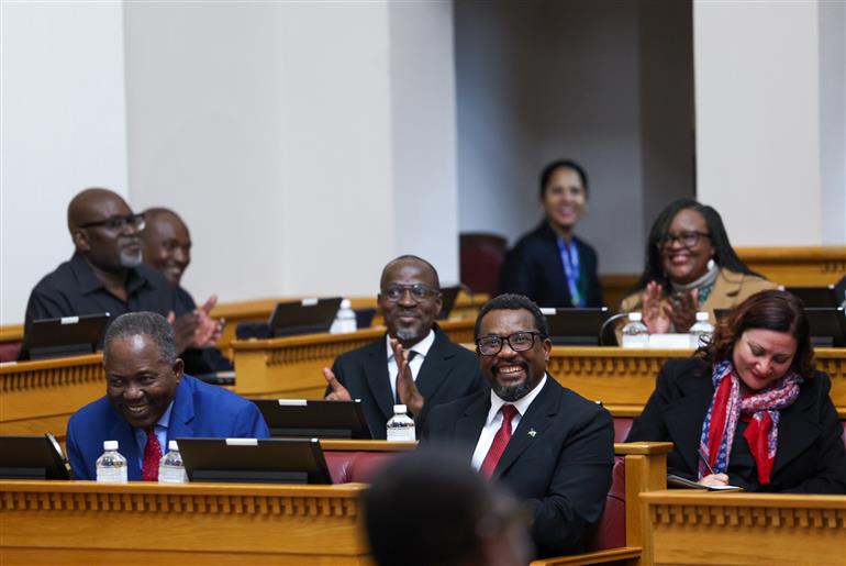Gathering at the Joint Session of the Parliament of the Republic of Namibia at Windhoek, in Namibia on July 09, 2025. PM addressing the Session.:Prime Minister's Office Gathering at the Joint Session of the Parliament of the Republic of Namibia at Windhoek, in Namibia on July 09, 2025. PM addressing the Session.:Prime Minister