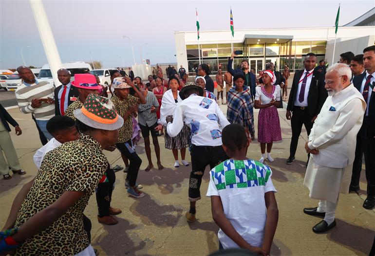 PM emplanes from Namibia to Delhi after completing his successful and productive five-nation visit on July 09, 2025.:Prime Minister's Office PM emplanes from Namibia to Delhi after completing his successful and productive five-nation visit on July 09, 2025.:Prime Minister