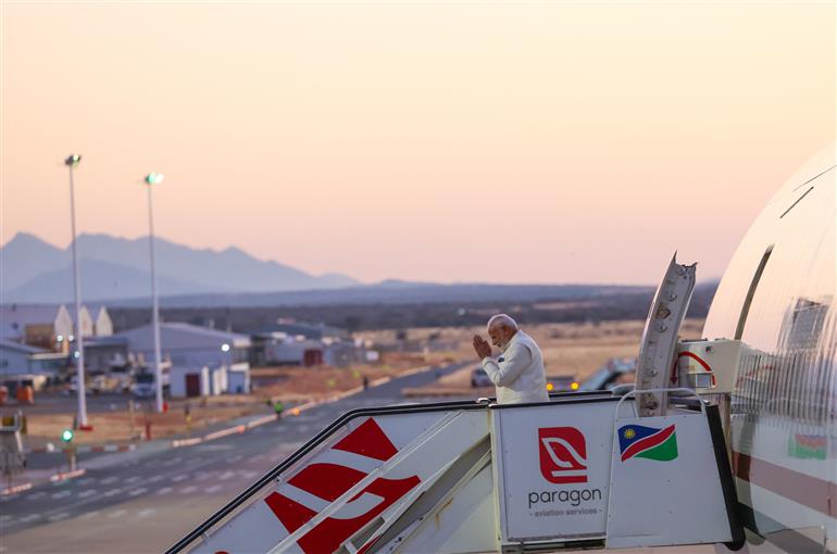 PM emplanes from Namibia to Delhi after completing his successful and productive five-nation visit on July 09, 2025.