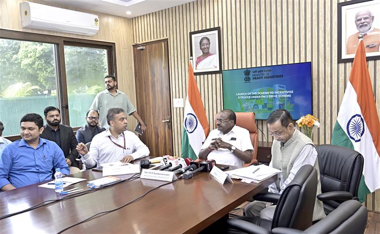 The Union Minister of Heavy Industries and Steel, Shri H. D. Kumaraswamy interacting with media during officially launch the guidelines and portals for electric trucks (e-trucks) under the PM E-DRIVE Scheme, in New Delhi on July 11, 2025.