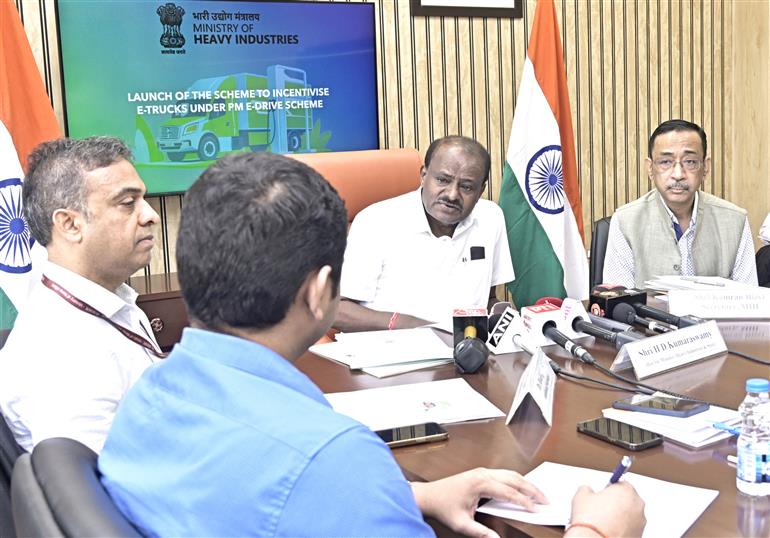 The Union Minister of Heavy Industries and Steel, Shri H. D. Kumaraswamy interacting with media during officially launch the guidelines and portals for electric trucks (e-trucks) under the PM E-DRIVE Scheme, in New Delhi on July 11, 2025.