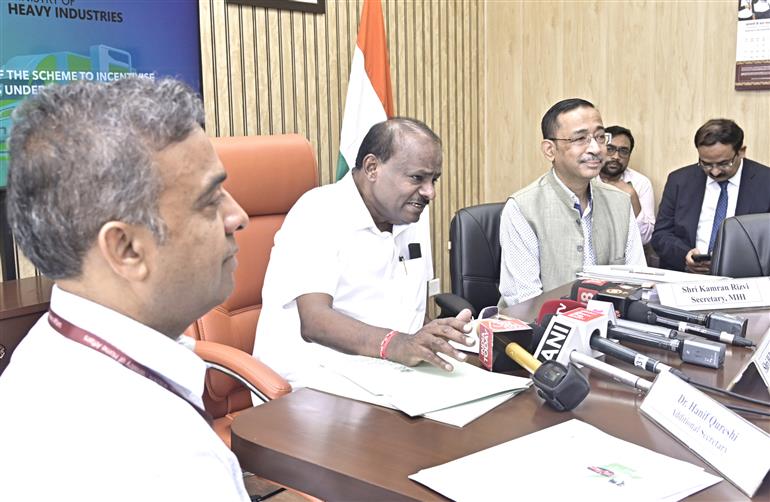 The Union Minister of Heavy Industries and Steel, Shri H. D. Kumaraswamy interacting with media during officially launch the guidelines and portals for electric trucks (e-trucks) under the PM E-DRIVE Scheme, in New Delhi on July 11, 2025.