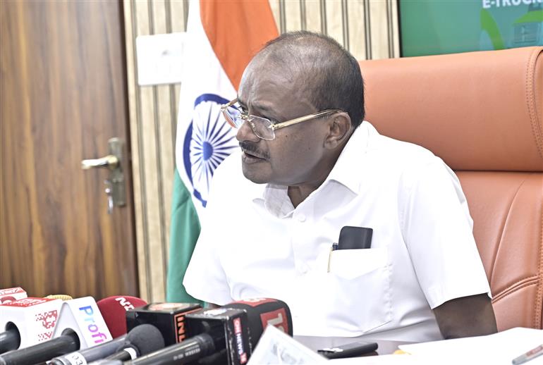 The Union Minister of Heavy Industries and Steel, Shri H. D. Kumaraswamy interacting with media during officially launch the guidelines and portals for electric trucks (e-trucks) under the PM E-DRIVE Scheme, in New Delhi on July 11, 2025.
