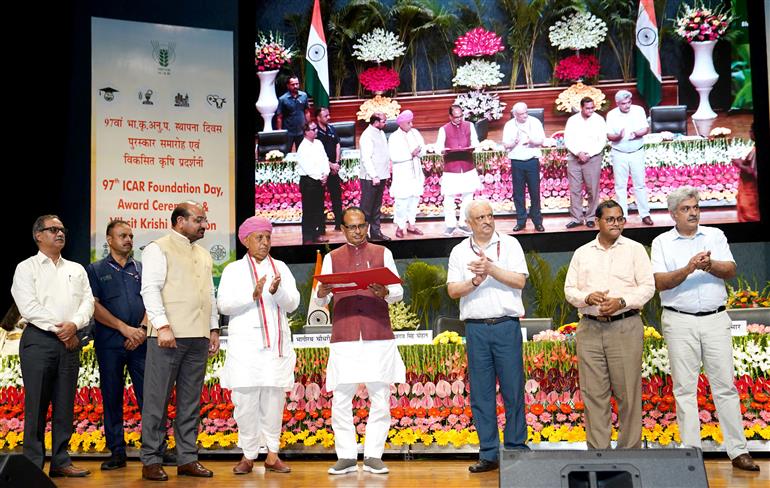The Union Minister of Agriculture and Farmers Welfare & Rural Development, Shri Shivraj Singh Chouhan attends the inauguration of 97th Foundation Day of the Indian Council of Agricultural Research (ICAR), along with the Awards Ceremony and the Viksit Krishi Exhibition, in New Delhi on July 16, 2025.