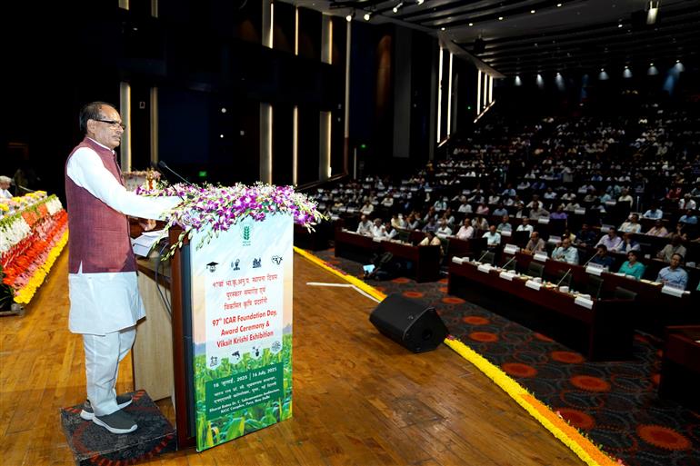 The Union Minister of Agriculture and Farmers Welfare & Rural Development, Shri Shivraj Singh Chouhan addressing at the inauguration of 97th Foundation Day of the Indian Council of Agricultural Research (ICAR), along with the Awards Ceremony and the Viksit Krishi Exhibition, in New Delhi on July 16, 2025.