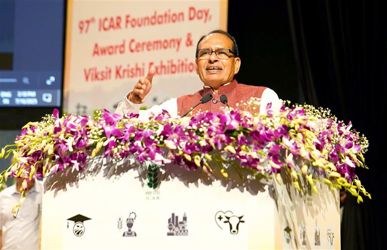 The Union Minister of Agriculture and Farmers Welfare & Rural Development, Shri Shivraj Singh Chouhan addressing at the inauguration of 97th Foundation Day of the Indian Council of Agricultural Research (ICAR), along with the Awards Ceremony and the Viksit Krishi Exhibition, in New Delhi on July 16, 2025.