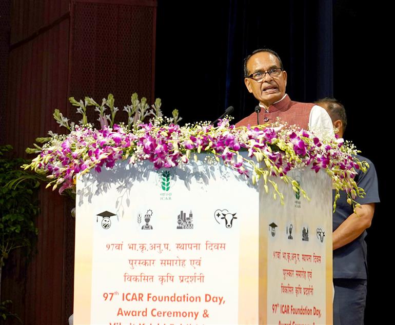 The Union Minister of Agriculture and Farmers Welfare & Rural Development, Shri Shivraj Singh Chouhan addressing at the inauguration of 97th Foundation Day of the Indian Council of Agricultural Research (ICAR), along with the Awards Ceremony and the Viksit Krishi Exhibition, in New Delhi on July 16, 2025.