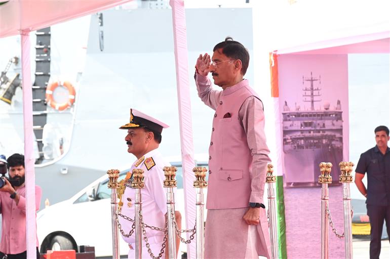 The Minister of State for Defence, Shri Sanjay Seth inspecting the Guard of Honour during the commissioning ceremony of INS Nistar at Visakhapatnam, in Andhra Pradesh on July 18, 2025. 