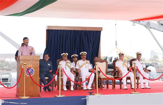 The Minister of State for Defence, Shri Sanjay Seth addressing at commissioning ceremony of INS Nistar, in Visakhapatnam, Andhra Pradesh on July 18, 2025. 