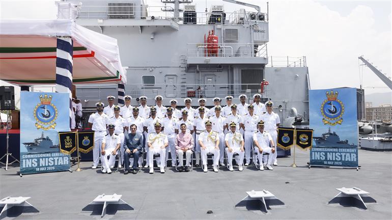 The Minister of State for Defence, Shri Sanjay Seth in a group photograph during the commissioning ceremony of INS Nistar, in Visakhapatnam, Andhra Pradesh on July 18, 2025. 