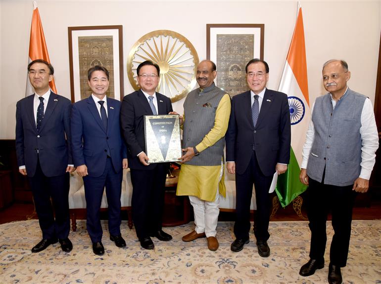 The Lok Sabha Speaker, Shri Om Birla meeting with the parliamentary delegation of special envoys from the Republic of Korea, led by former Prime Minister of South Korea, Mr. Kim Boo Kyum at Parliament House, in New Delhi on July 18, 2025.