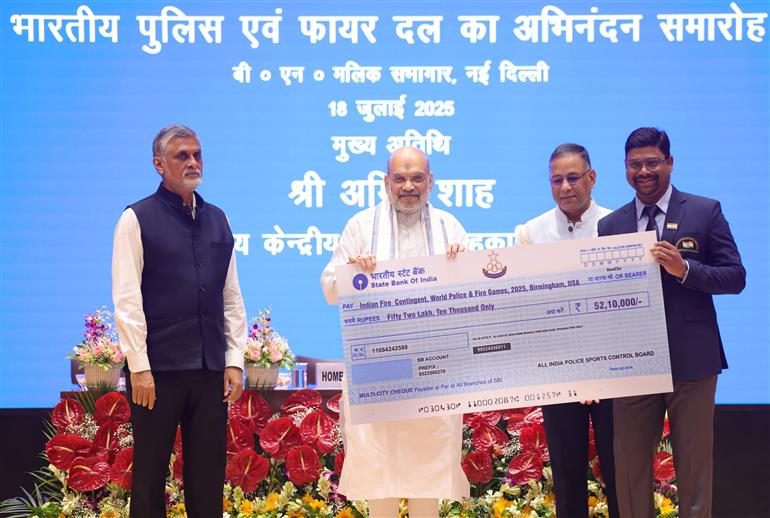 The Union Minister for Home Affairs and Cooperation, Shri Amit Shah at the felicitation ceremony of 613 medal winners and Indian contingent for the ‘21st World Police and Fire Games-2025’, in New Delhi on July 18, 2025.